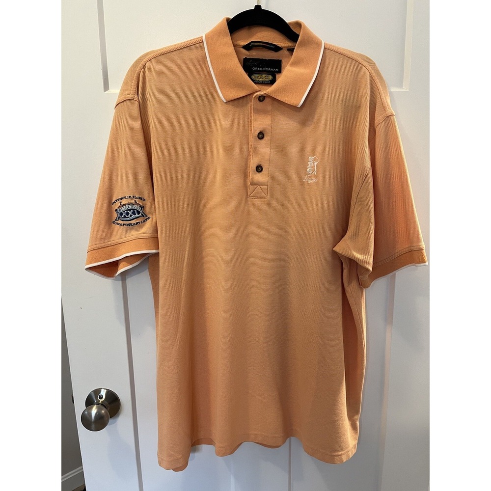 Greg Norman Polo Shirt Mens L TPC Sawgrass Golf Super Bowl XXXIX Patch Orange